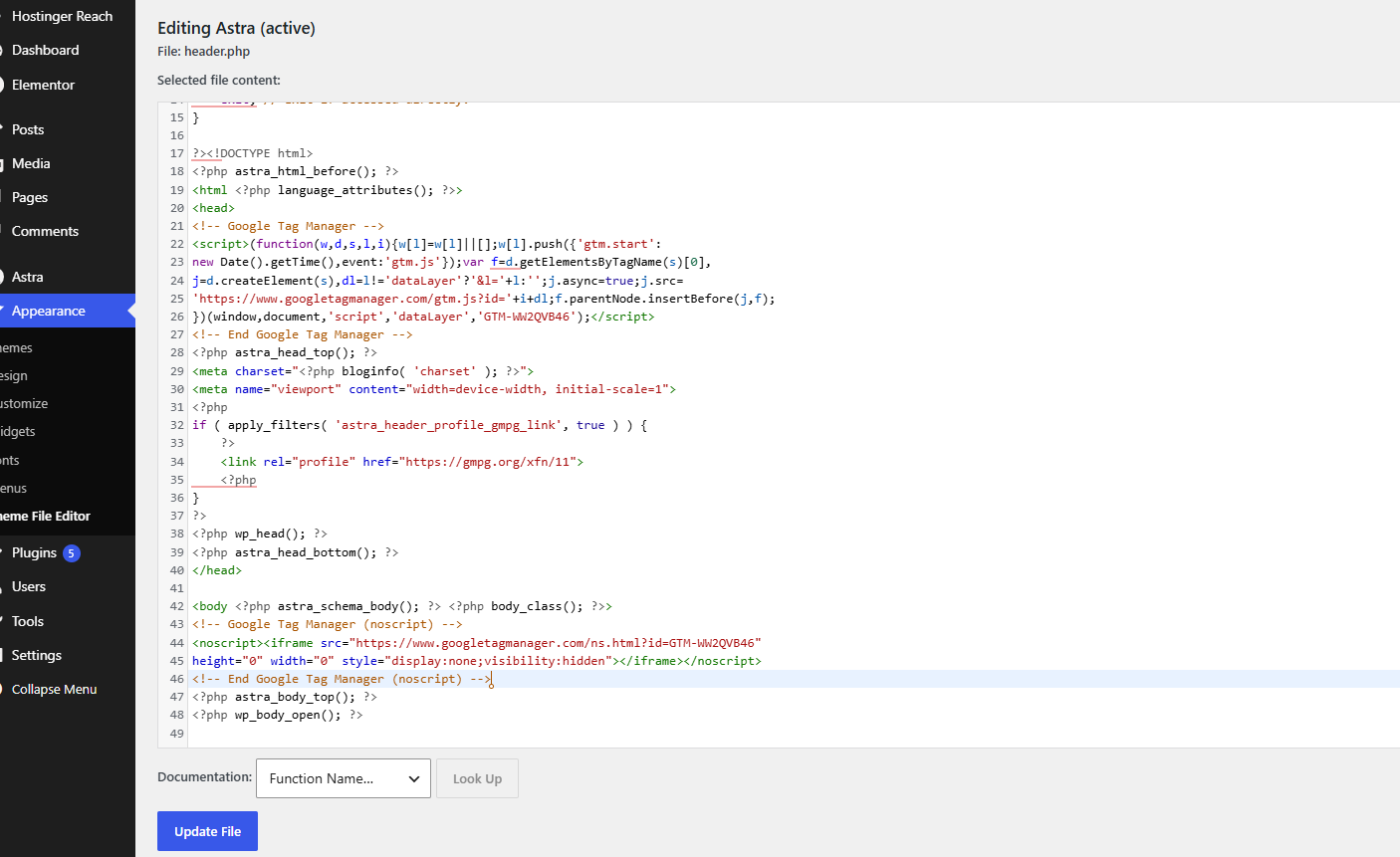 GTM code added to WordPress header