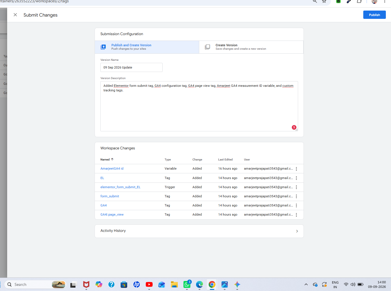 GTM submit changes and publish screen